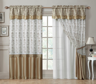1 of 5:Violette Embroidered Rod Pocket Window Panel With Valance and Backing, Beige-Gold, 55x90 Inches 