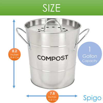 4 of 8:Spigo Steel Kitchen Compost Bin With Vented Charcoal Filter and Bucket, Satin Silver, 1 Gallon 