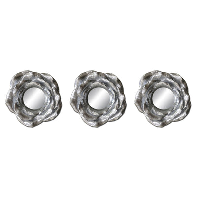 1 of 1:PREMIUS 3 Piece Metallic Resin Floral Mirror Set, Silver, 8 Inches 