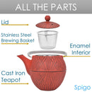 4 of 8:Spigo Hakone Cast Iron Enamel Teapot With Stainless Infuser, Red, 33 Ounces 