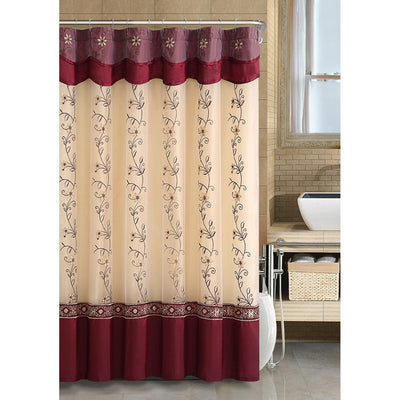 1 of 1:Daphne Embroidered Shower Curtain With Attached Valance & Backing, Burgundy, 72x72 