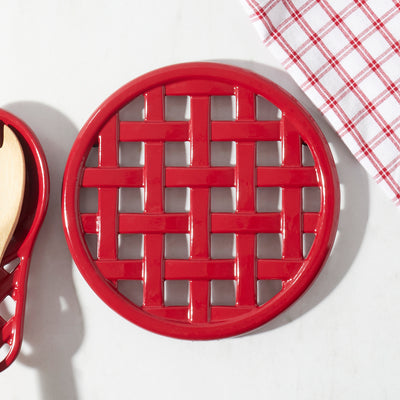 4 of 4:Home Basics Cast Iron Basket Weave Design Trivet, Red, 8x8x.5 Inches 