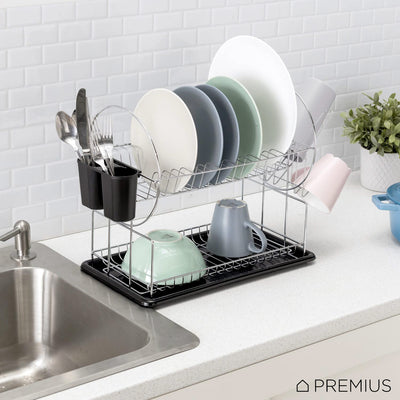 3 of 6:Premius 2-Tier Chrome Finished Drying Dish Rack, Black, 20.25x9x14 Inches 