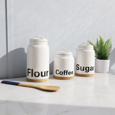 4 of 4:Home Basics 3 Piece Ceramic Canister Set with Bamboo Accents, White 