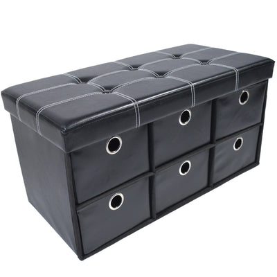 6 of 8:Collapsible 6 Drawer Storage Ottoman, Black Faux Leather, 30x15x15 Inches 