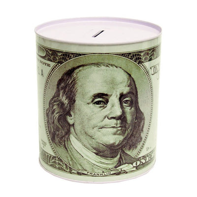1 of 1:Tirelire en étain de 100 dollars, Benjamin Franklin, taille moyenne, 15 x 14,6 cm 