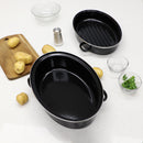 7 of 7:Plat à rôtir ovale profond en acier au carbone émaillé antiadhésif Home Basics avec couvercle, noir, 14 pouces 