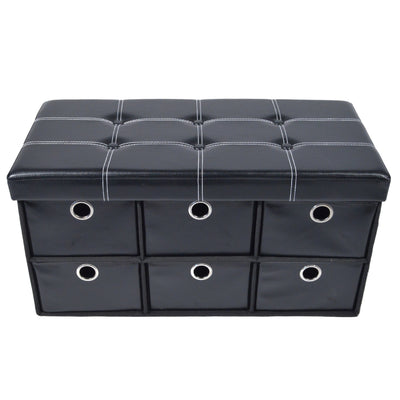1 of 8:Collapsible 6 Drawer Storage Ottoman, Black Faux Leather, 30x15x15 Inches 