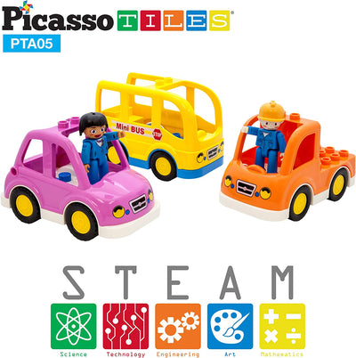 4 of 4:PicassoTiles Magnetic 5 Piece Vehicle and Action Figure Set, Magnet Expansion Pack 