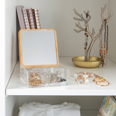 2 of 4:Simplify 3 Compartment Clear Organizer with Bamboo Lid & Mirror 