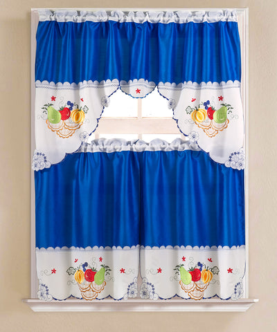 1 of 1:Juego de cortinas de cocina bordadas con frutas vintage, azul real, nivel 30x36, cenefa 60x36 pulgadas 