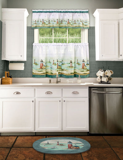 2 of 3:Hamptons Printed Kitchen Curtain Tiers & Valance Set, 58x13 & 58x36 Inches 