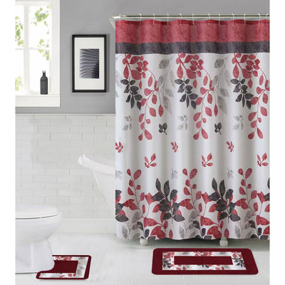 1 of 1:Holly 15 Piece Leaf Banded Bathroom Mats and Shower Curtain Set, Burgundy 