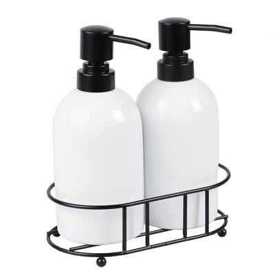 1 of 4:Home Basics 2 Piece Ceramic Soap Dispenser Set with Metal Caddy, White 