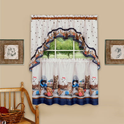 1 of 2:Precious Printed Tier and Swag Kitchen Curtain Set, 57x24 Inches, Navy 