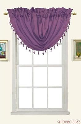1 of 1:Melanie Faux Silk Rod Pocket Waterfall Valance With Tassels, Lavender, 58x37 