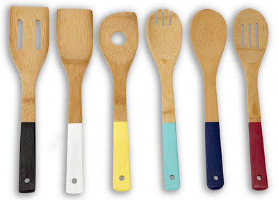 2 of 7:Ustensiles de cuisine en bois de bambou Home Basics, lot de 6, manches multicolores 