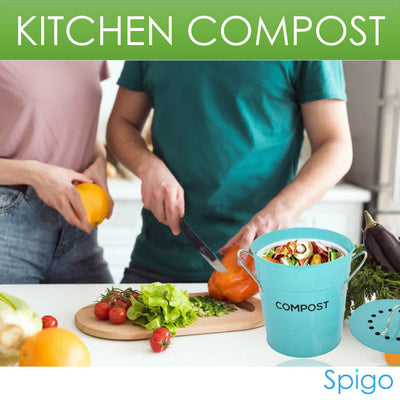 3 of 8:Spigo Steel Kitchen Compost Bin With Vented Charcoal Filter and Bucket, Turquoise, 1 Gallon 