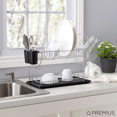 6 of 6:Premius 2-Tier Chrome Finished Drying Dish Rack, Black, 20.25x9x14 Inches 
