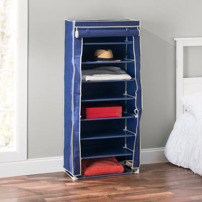 5 of 5:Home Basics 8 Tier Portable Polyester Shoe Closet, Navy, 23x12x54 Inches 