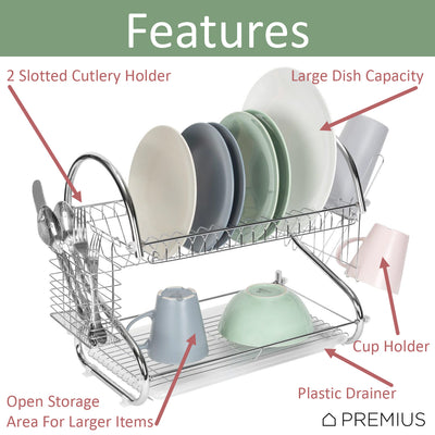 2 of 6:Premius 2-Tier Chrome Finish S-Shape Dish Rack With Removable Drainage Tray and Cutlery Holder, 16x9.75x15 Inches 