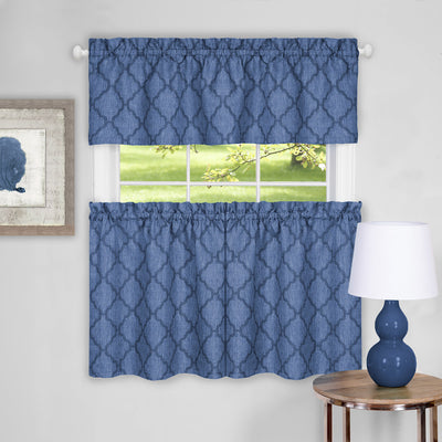 3 of 4:Colby Juego de cortinas de cocina impresas de 3 piezas, azul, niveles 58x24, Swag 58x14 pulgadas 