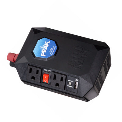 1 of 2:Inversor de energía móvil Peak Pkc0m04 con 2 salidas de CA, 1 USB, 400 vatios, 110-120 voltios 