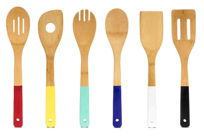 1 of 7:Ustensiles de cuisine en bois de bambou Home Basics, lot de 6, manches multicolores 