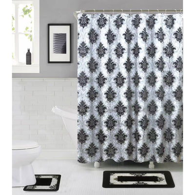 1 of 1:Rowland - Juego de alfombrillas de baño y cortina de ducha con bandas de damasco, 15 piezas, color negro 