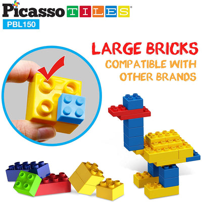 5 of 8:PicassoTiles 150 Piece Large Construction Brick Building Blocks STEM Bricks Toy Set, Multicolor 