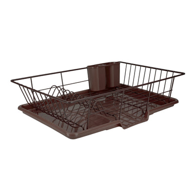 2 of 6:Home Basics 3 Piece Rust-Resistant Vinyl Dish Drainer with Self-Draining Drip Tray, Brown 