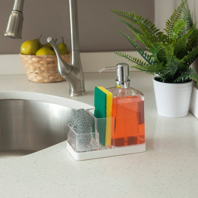 4 of 5:Home Basics Soap Dispenser and Sponge Caddy Organizer, White-Clear, 8x3x6.5 Inches 