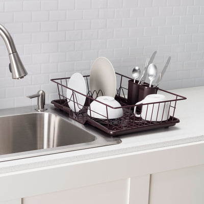 5 of 6:Home Basics 3 Piece Rust-Resistant Vinyl Dish Drainer with Self-Draining Drip Tray, Brown 