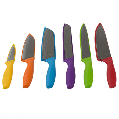 4 of 6:Home Basics 6 Stainless Steel  Knife Set with Colorful Slip Covers 