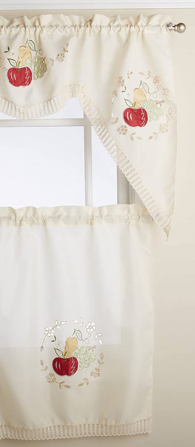 2 of 2:Fruit Frenzy Embroidered Kitchen Curtain Set, Beige, Tier 30x36, Valance 60x36 Inches 