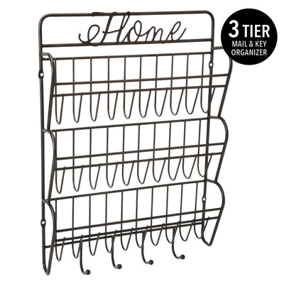 1 of 1:Simplify 3-Tier Metal Mail and Key Hook Wall Organizer, Black, 10.4x2.4x14.75 Inches 