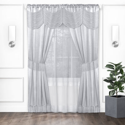 1 of 4:Ensemble de 6 fenêtres Halley Satin avec cantonnière autrichienne, argent, 56 x 84 pouces 