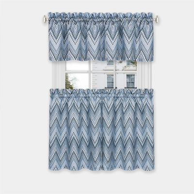 5 of 8:Avery 3-Piece Printed Kitchen Curtain Set, Blue, Tiers 58x36 Inches, Valance 58x14 Inches 