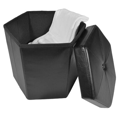 6 of 6:Collapsible Hexagon Storage Ottoman, Black Faux Leather, 15x15x15 Inches 