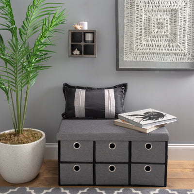 4 of 4:Simplify 6 Drawer Collapsible Double Storage Ottoman in Grey 