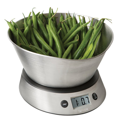 1 of 7:Taylor Stainless Steel Measuring Bowl Digital Kitchen Scale, 11lbs, 5kg Capacity 