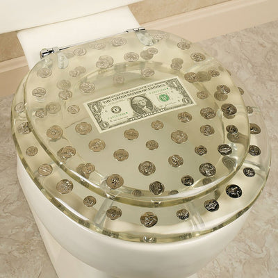 1 of 2:Siège de toilette standard en polyrésine, motif dollar et pièces, élégant et transparent 