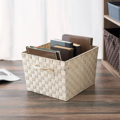 2 of 3:Panier de rangement Home Basics en polyester tissé, ivoire, très grand, 38 x 33 x 25 cm 