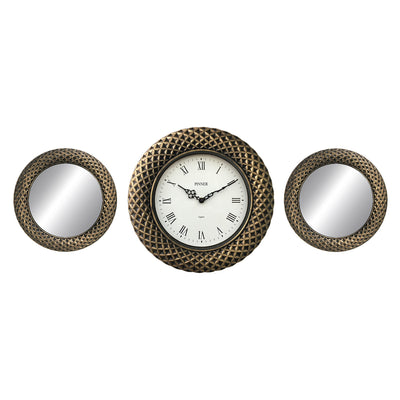 1 of 1:Premius 3 Piece Diamond Gladiator Wall Clock with Mirrors, Gold, 34x14 Inches 
