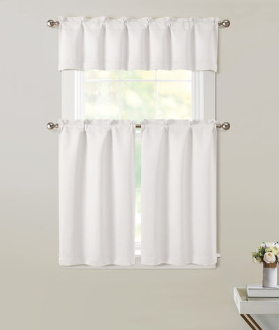 1 of 1:Neil 3-Piece Blackout Kitchen Curtain Set, White, Tiers 26x36, Valance 52x14 Inches 