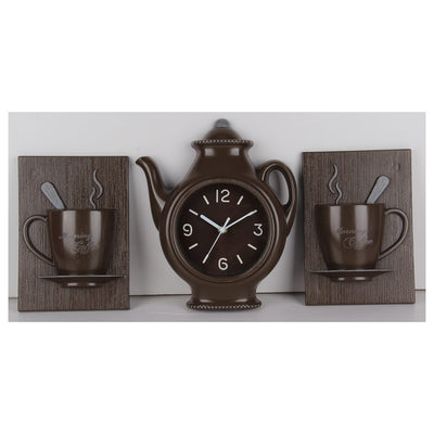 1 of 2:PREMIUS 3 Piece Coffee Wall Clock with Mugs Accent, Brown, 9x11 Inches 
