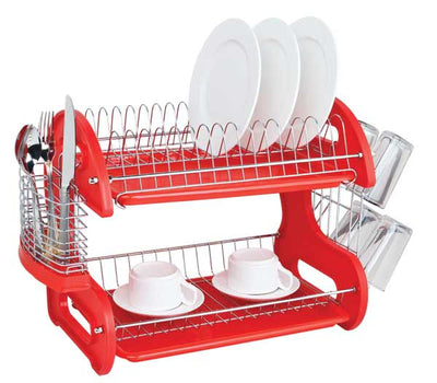 1 of 5:Home Basics 2-Tier Plastic Dish Drainer, Red, 22x11x13.5 Inches 