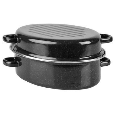 2 of 6:Plat à rôtir ovale profond en acier au carbone émaillé antiadhésif Home Basics avec couvercle, noir, 30,5 cm 