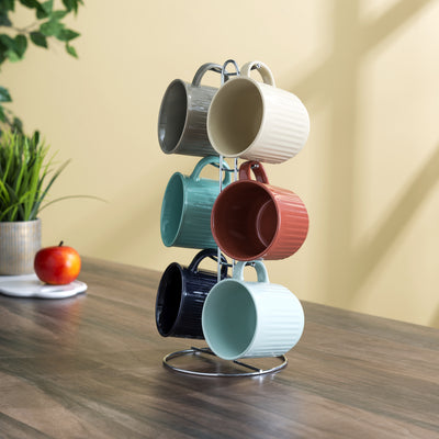 5 of 6:Home Basics 6-Piece Stoneware Mug Set With Chrome Stand, Multi, 11 Ounces 