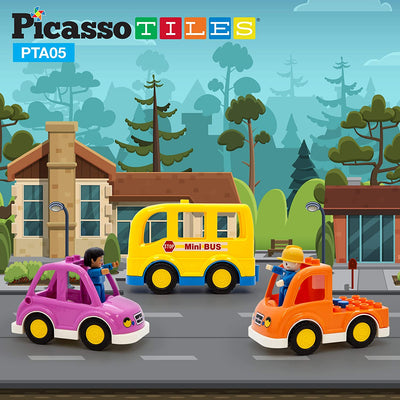 3 of 4:PicassoTiles Magnetic 5 Piece Vehicle and Action Figure Set, Magnet Expansion Pack 